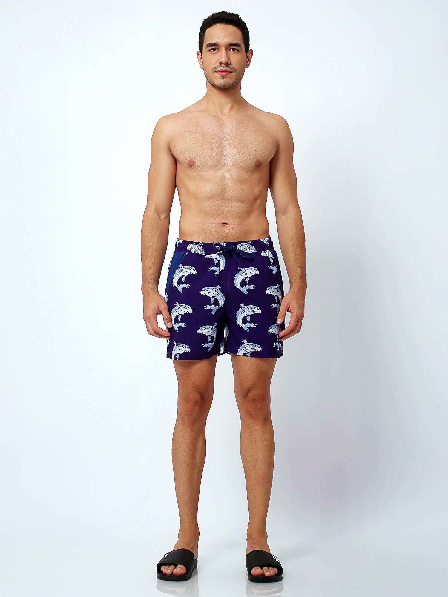 Randy Cow Shark Print Swim Shorts with Waterproof Pocket, Blue, XS