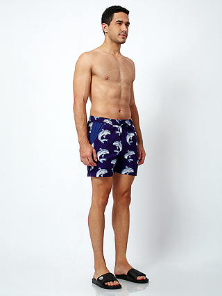 Randy Cow Shark Print Swim Shorts with Waterproof Pocket, Blue