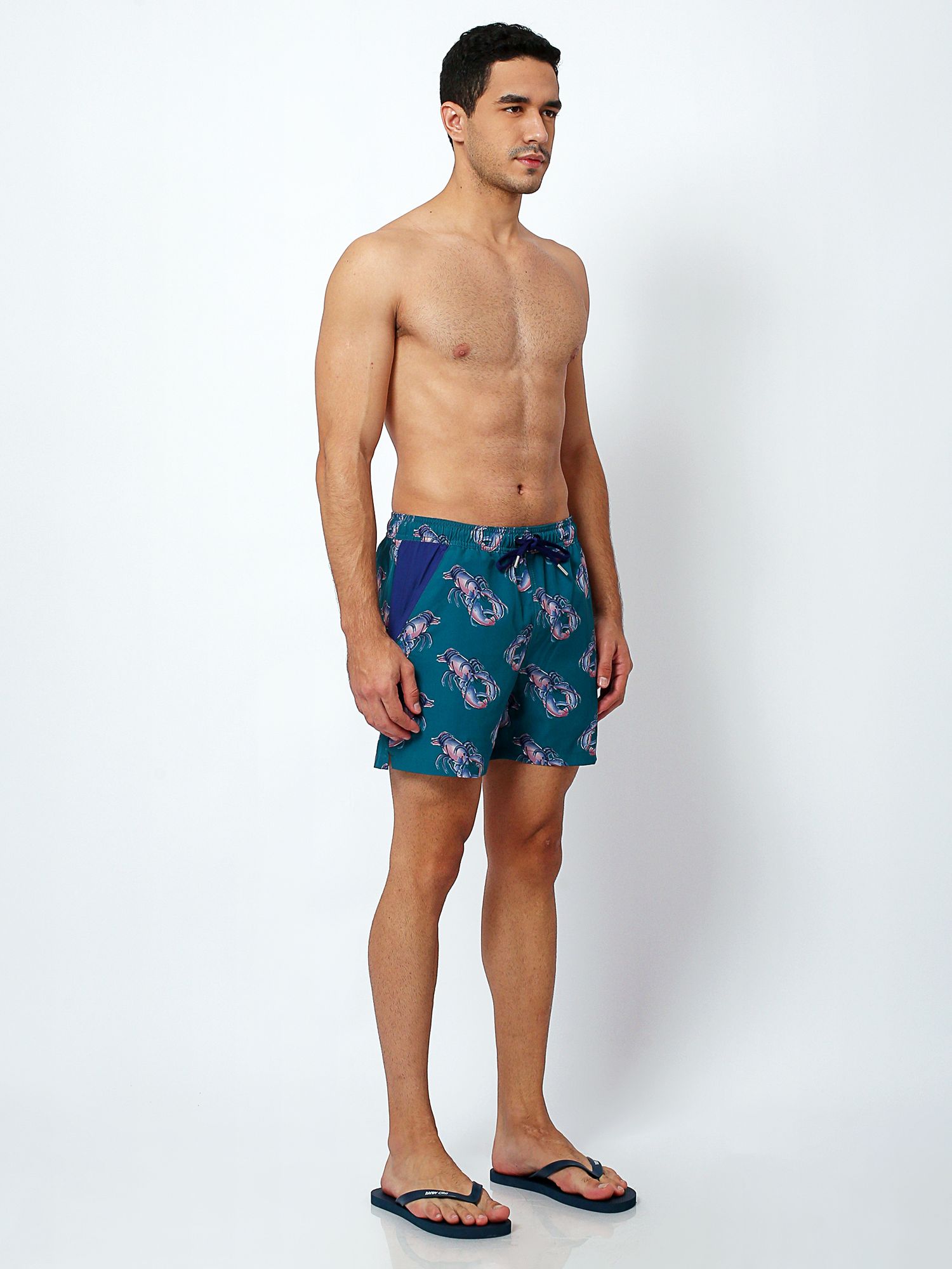Randy Cow Lobster Print Swim Shorts with Waterproof Pocket, Green at ...