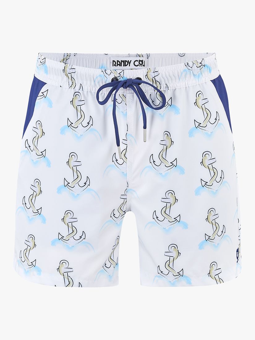Randy Cow Anchor Swim Shorts with Waterproof Pocket, White, S