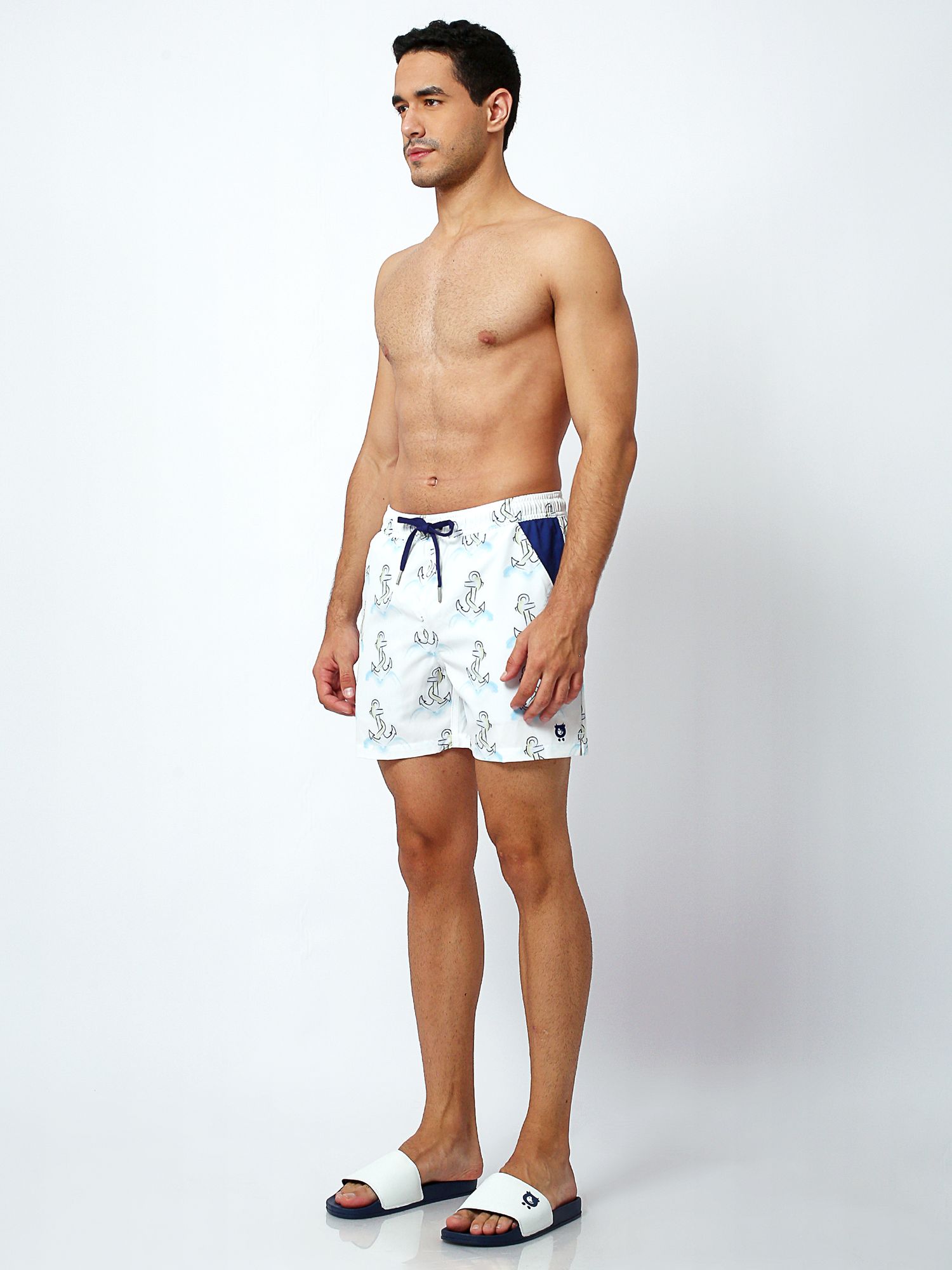 Randy Cow Anchor Swim Shorts with Waterproof Pocket, White, S