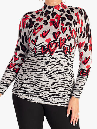 chesca Heart and Animal Print Turtleneck Jumper, Grey/Red