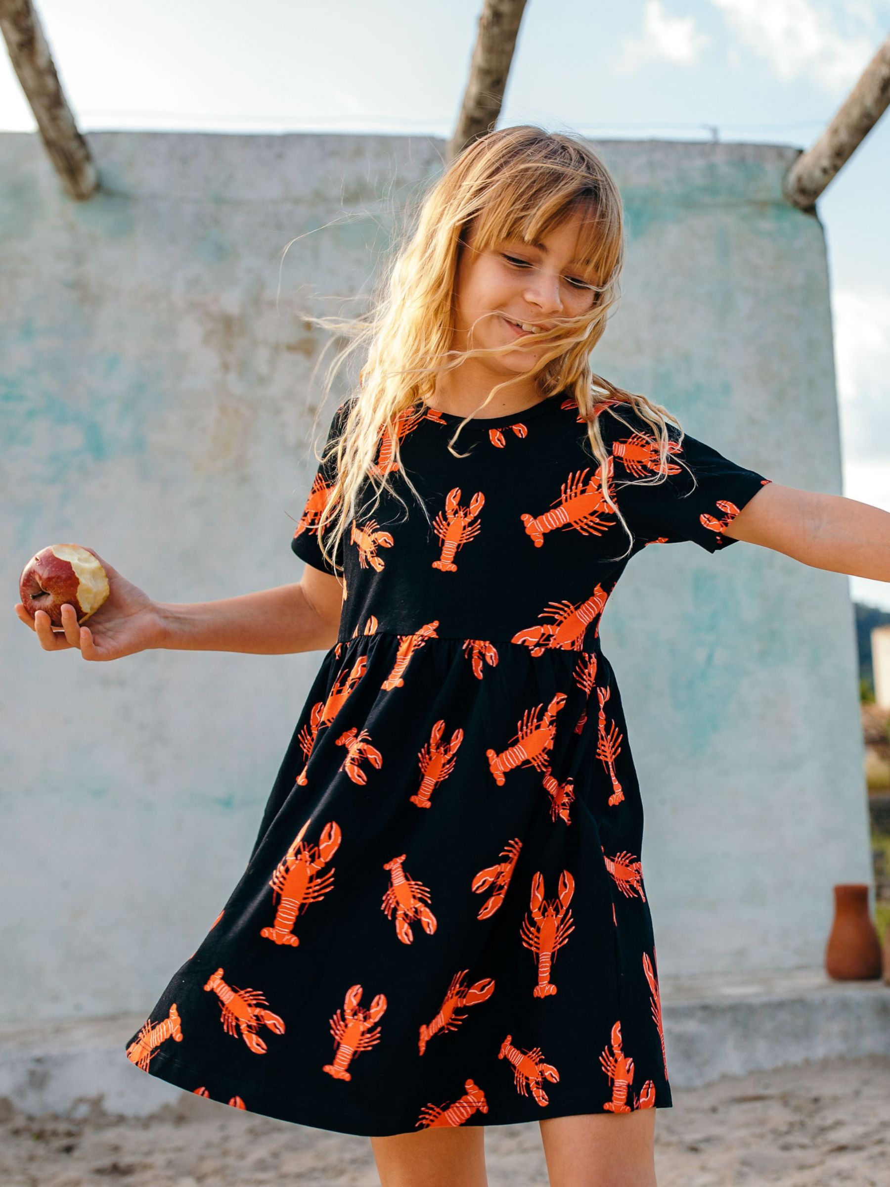 Chelsea Peers Kids' Organic Cotton Lobster Tea Dress, Black at John & Partners