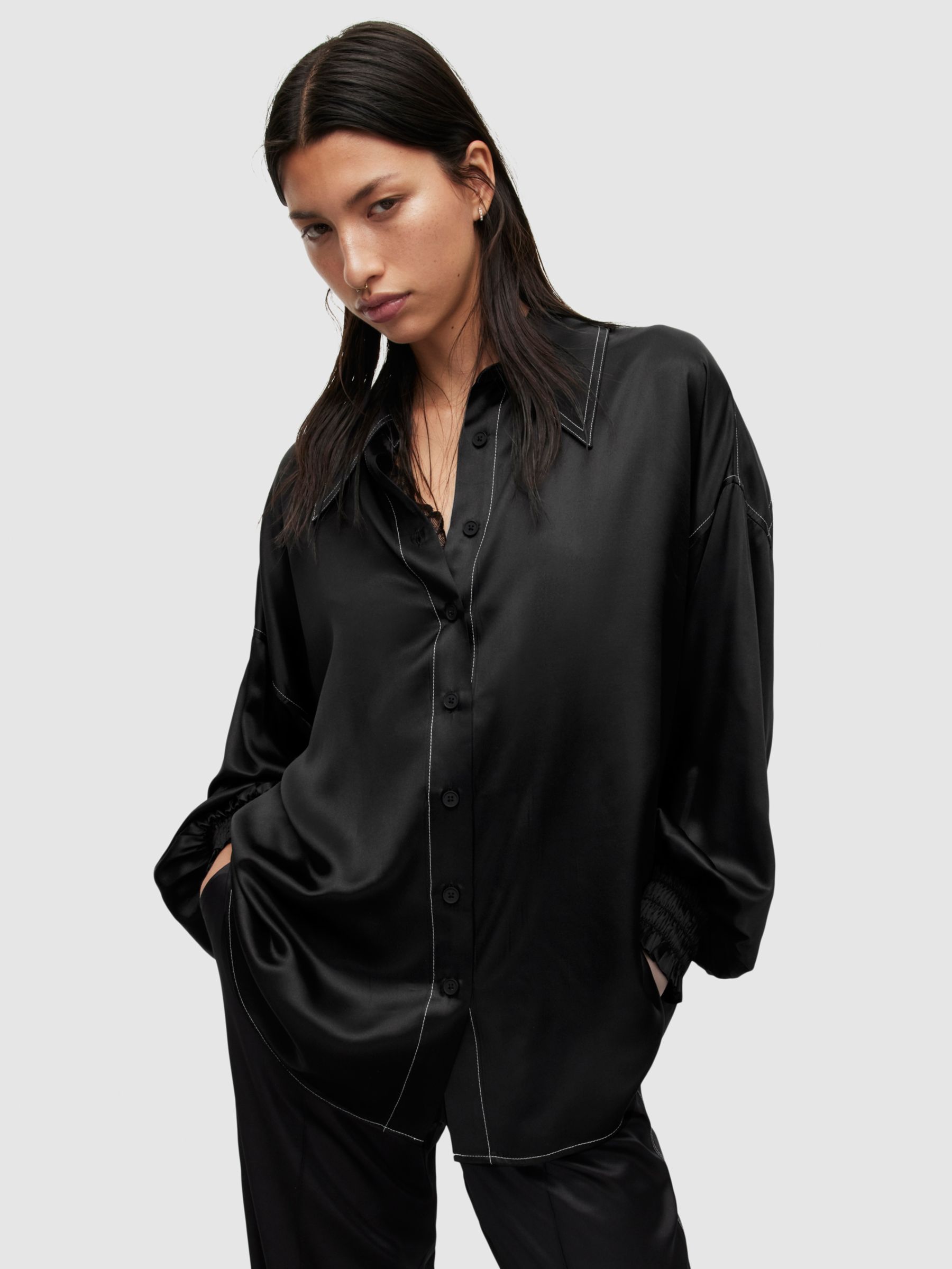 AllSaints Charli Silk Blend Shirt, Black, 8
