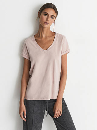 Reiss Luana Cotton V-Neck T-Shirt, Light Pink