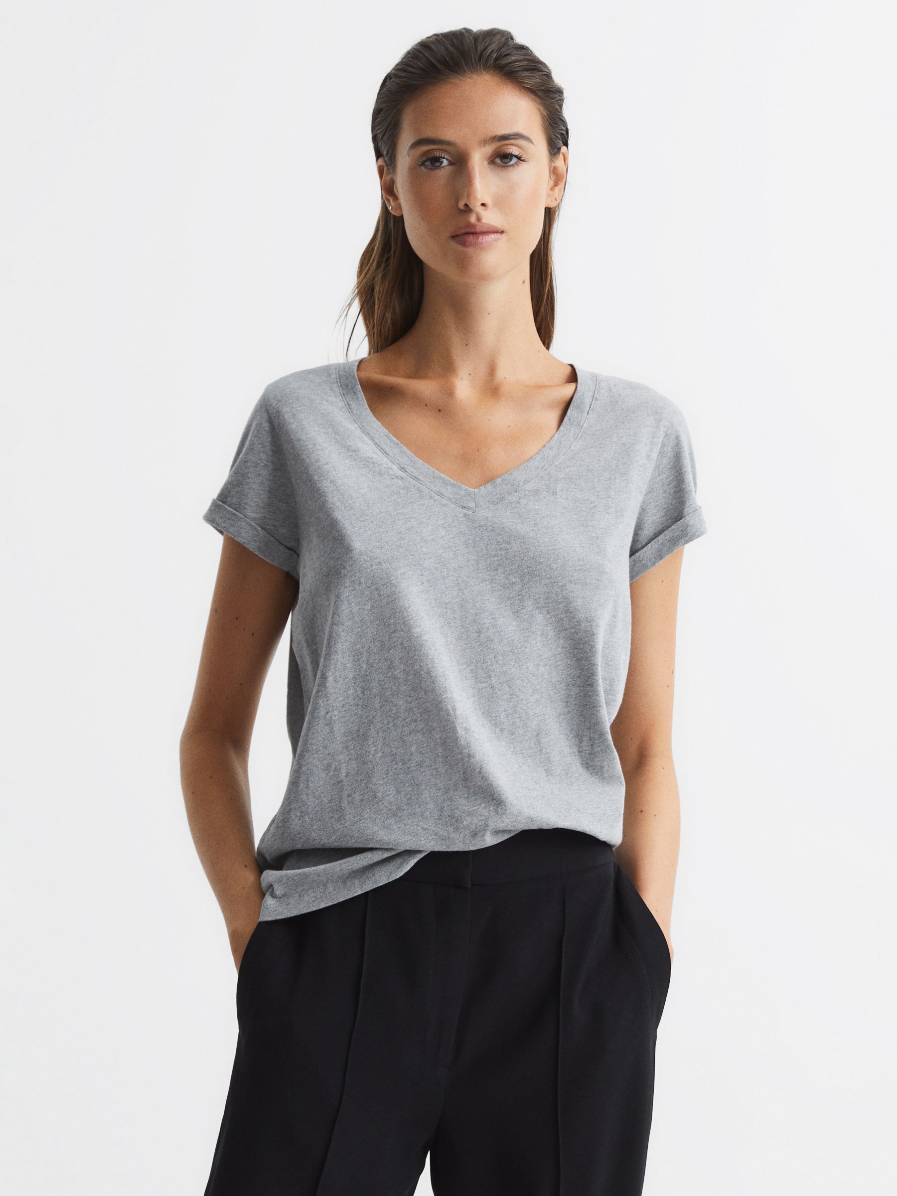 Reiss Luana Cotton V-Neck T-Shirt, Grey, XXS