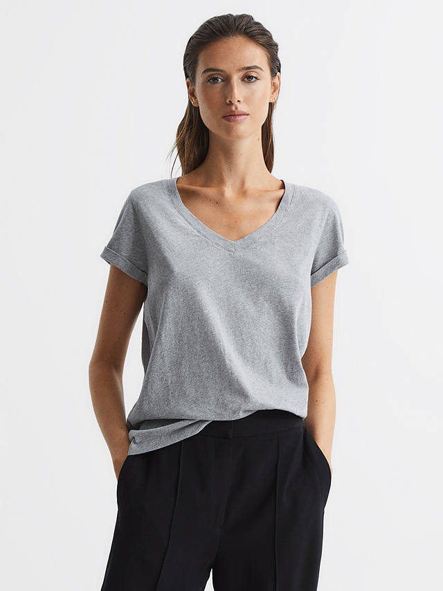 Reiss Luana Cotton V-Neck T-Shirt, Grey