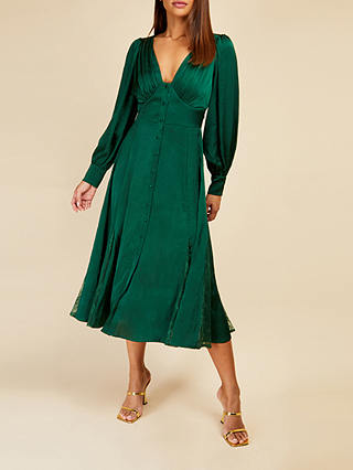 Somerset by Alice Temperley Satin Lace Insert Midi Dress, Forest Green