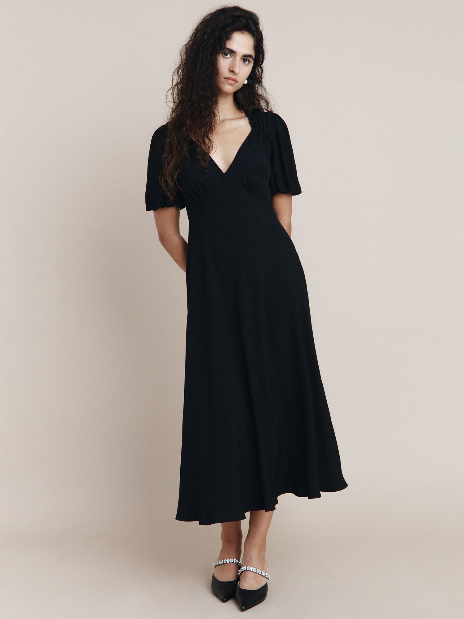 Ghost Enya Satin Midi Dress, Black at John Lewis & Partners