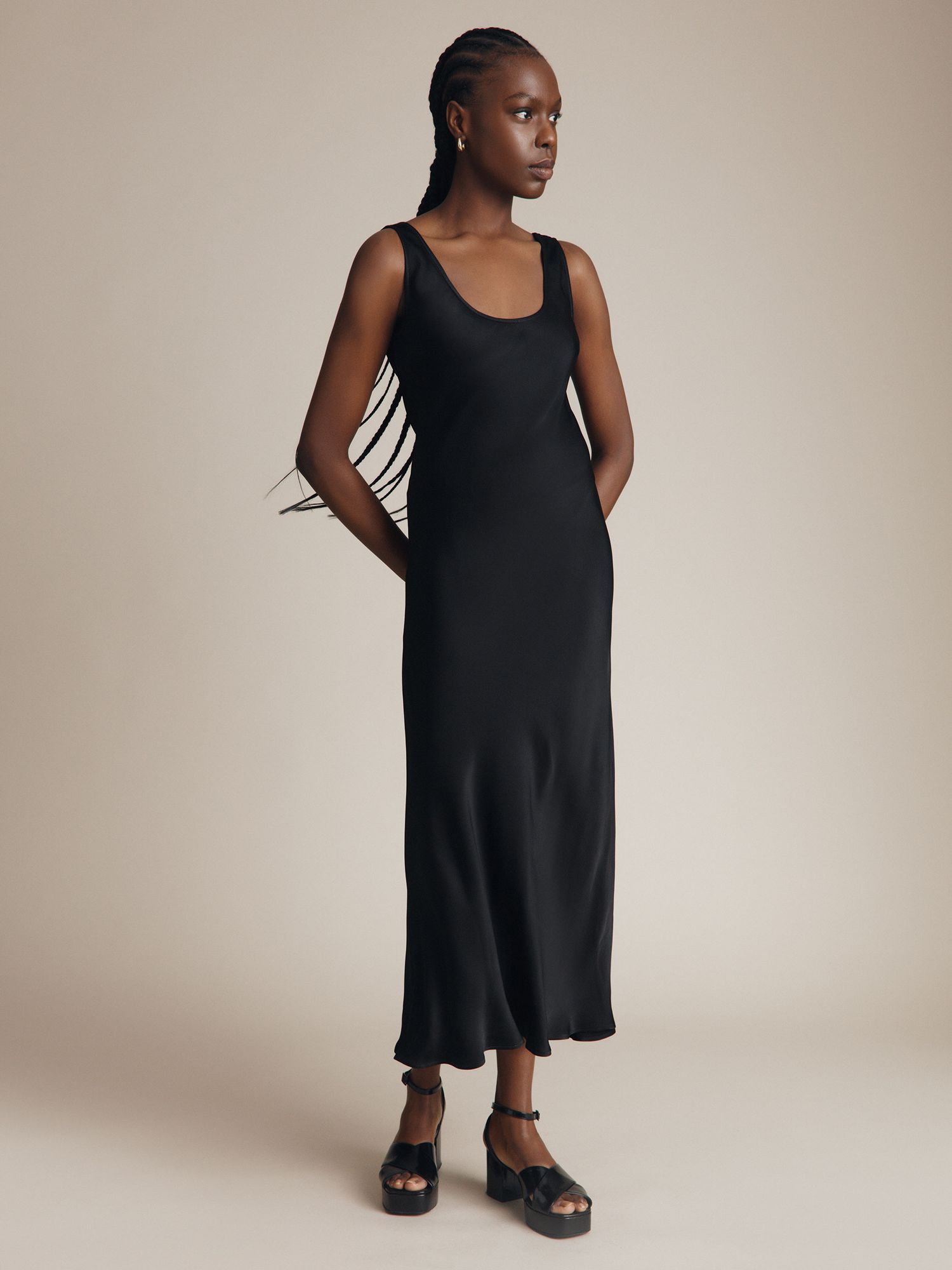 AllSaints Hadley Cowl Neck Midi Slip Dress, Black at John Lewis & Partners