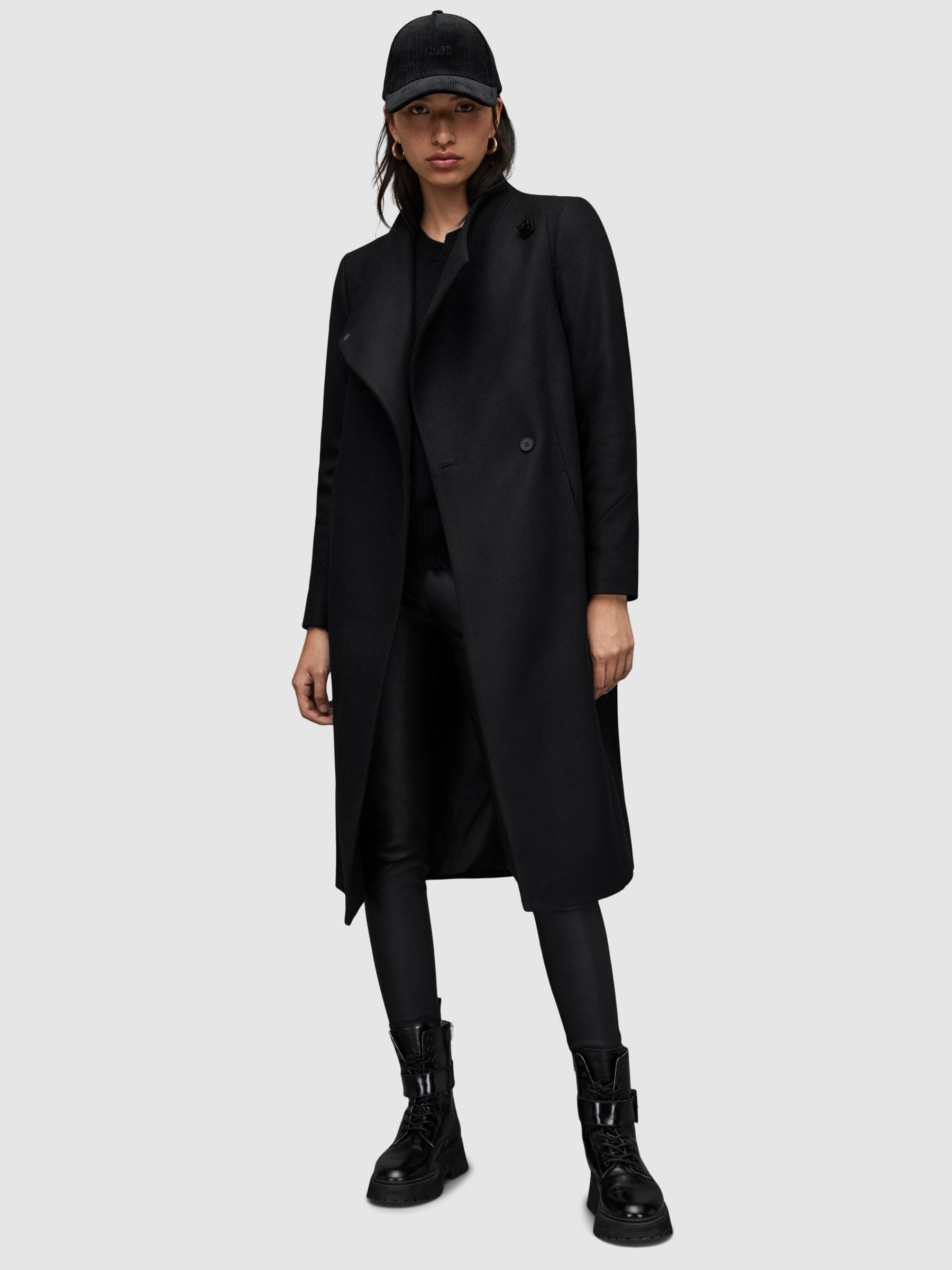 AllSaints Riley Cashmere Blend Coat, Black at John Lewis & Partners