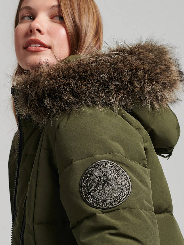 Superdry Original & Vintage Everest Long Line Faux Fur Parka Jacket, Surplus Goods Olive