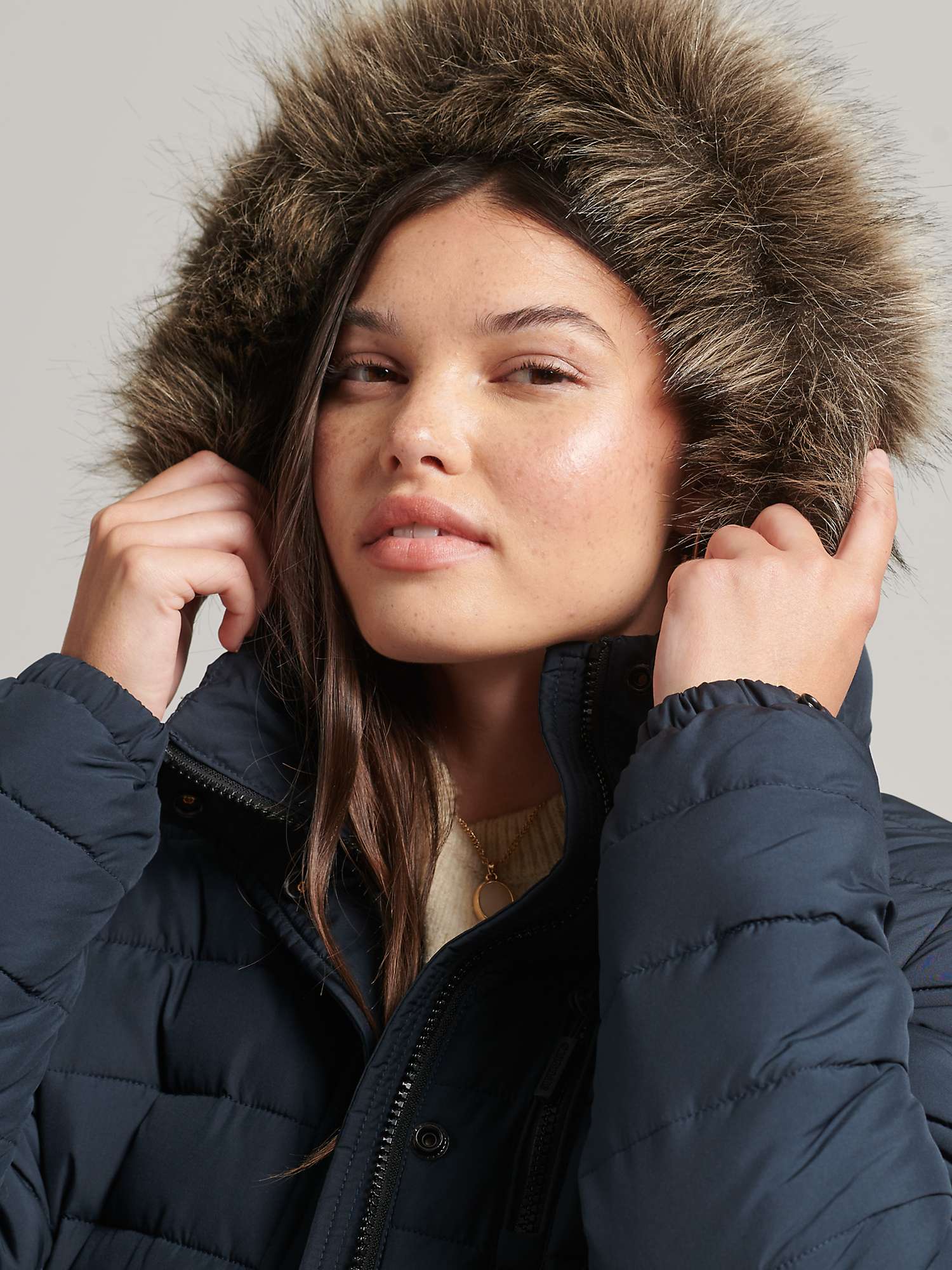 Superdry Faux Fur Hooded Mid Length Puffer Jacket, Eclipse Navy at John ...