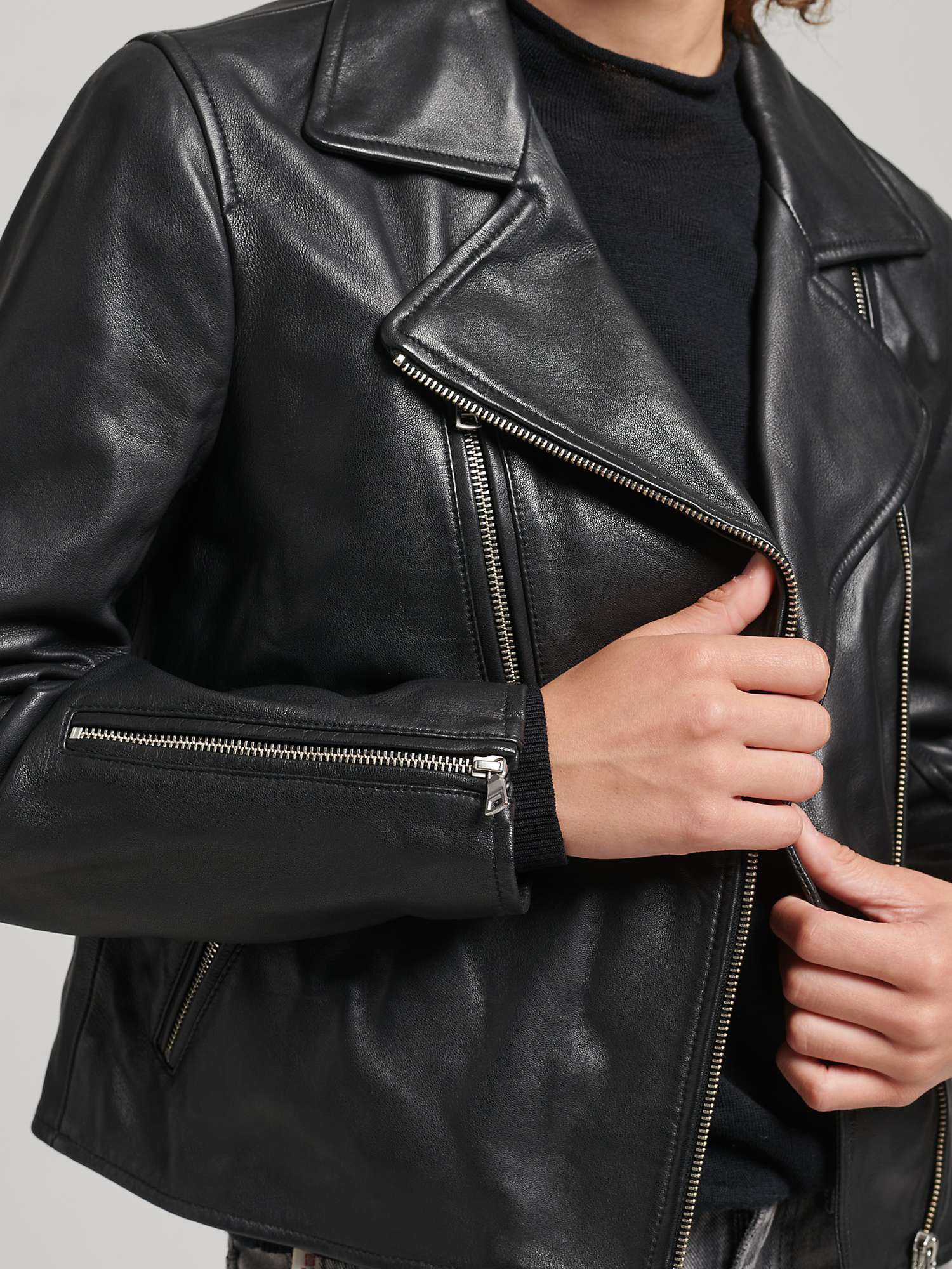 Superdry Leather Biker Jacket, Black at John Lewis & Partners