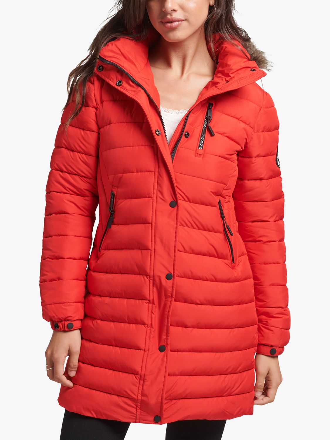Superdry Faux Fur Hooded Mid Length Puffer Jacket, High Risk Red at ...