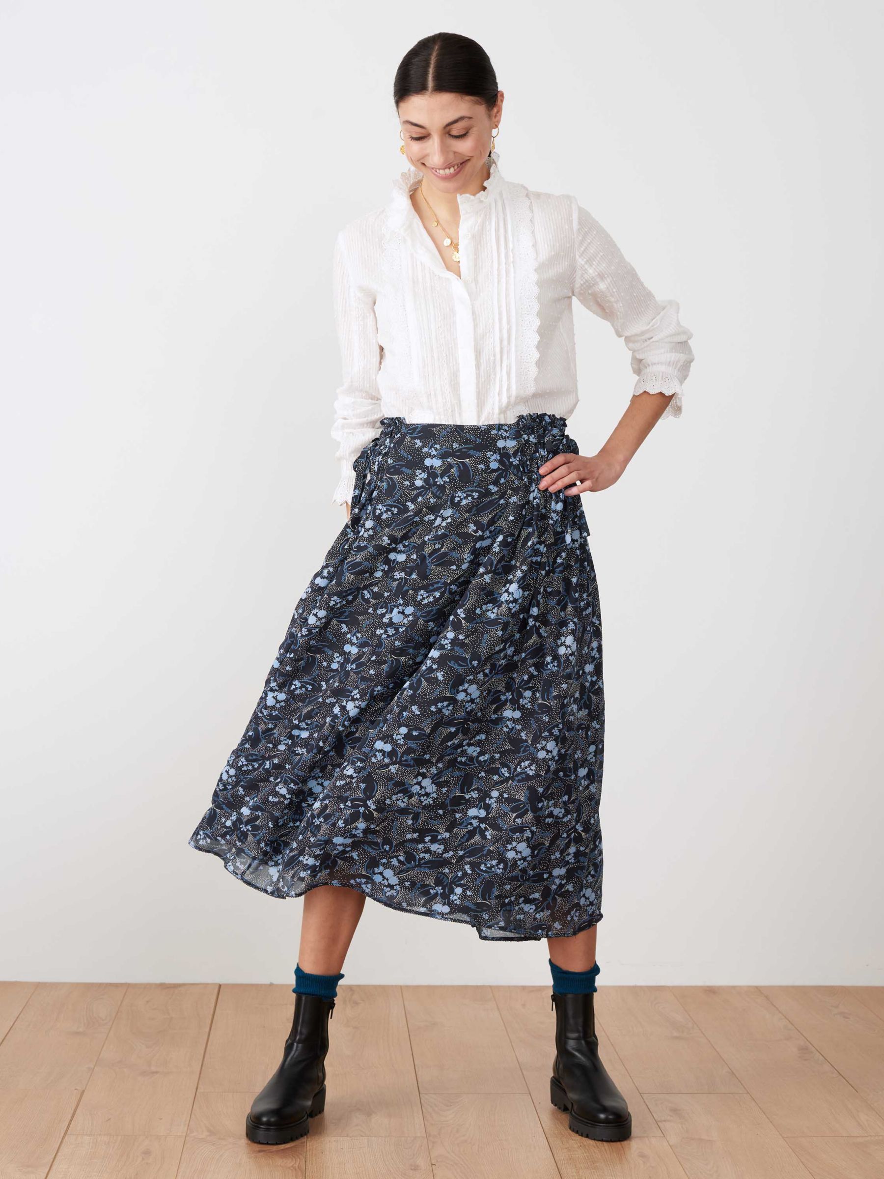 Brora Silk Ditsy Floral Print Smocked Midi Skirt, Black/Cobalt at John ...