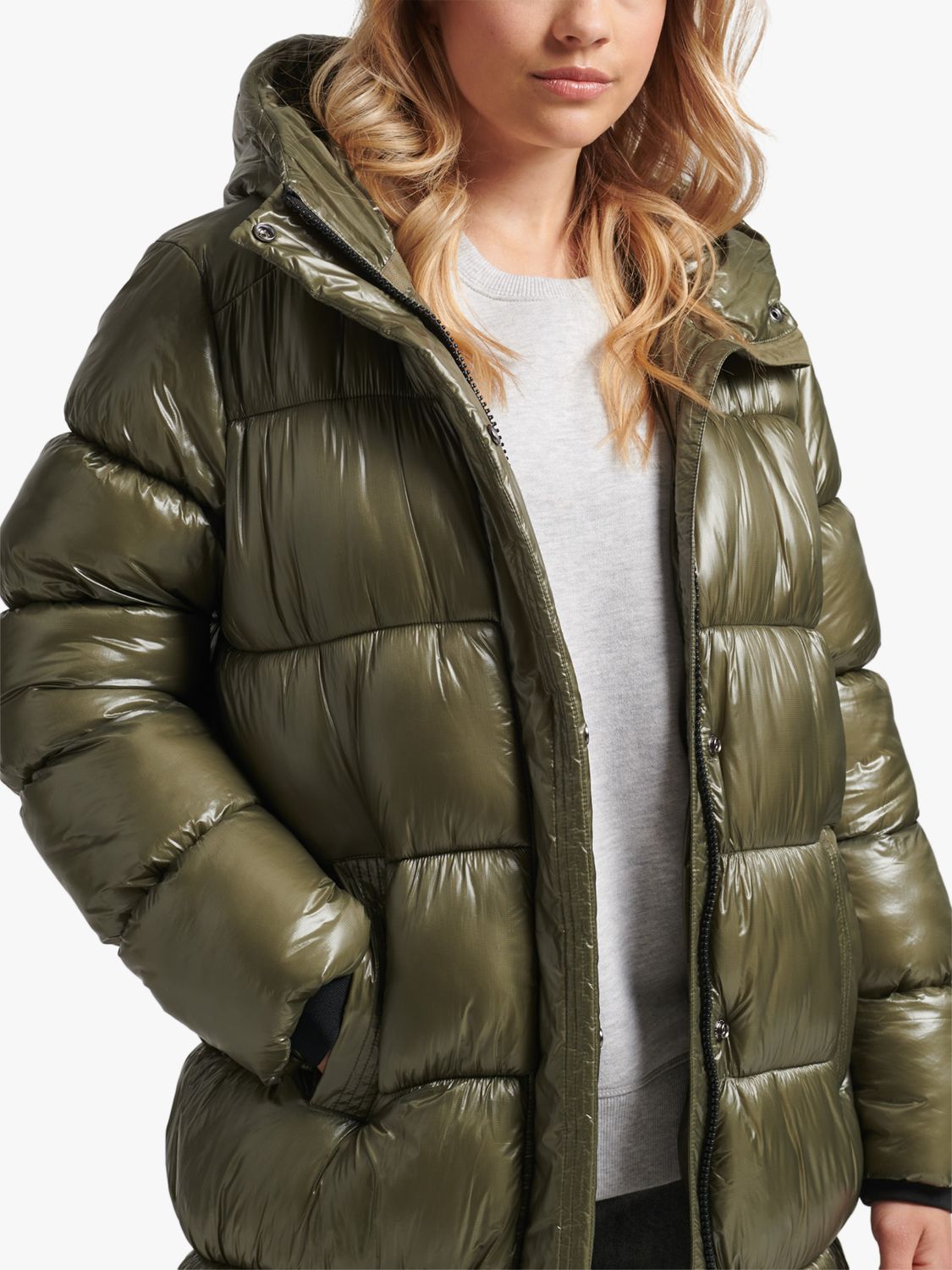 Superdry XPD Sports Longline Puffer Coat, Dusty Olive at John Lewis ...
