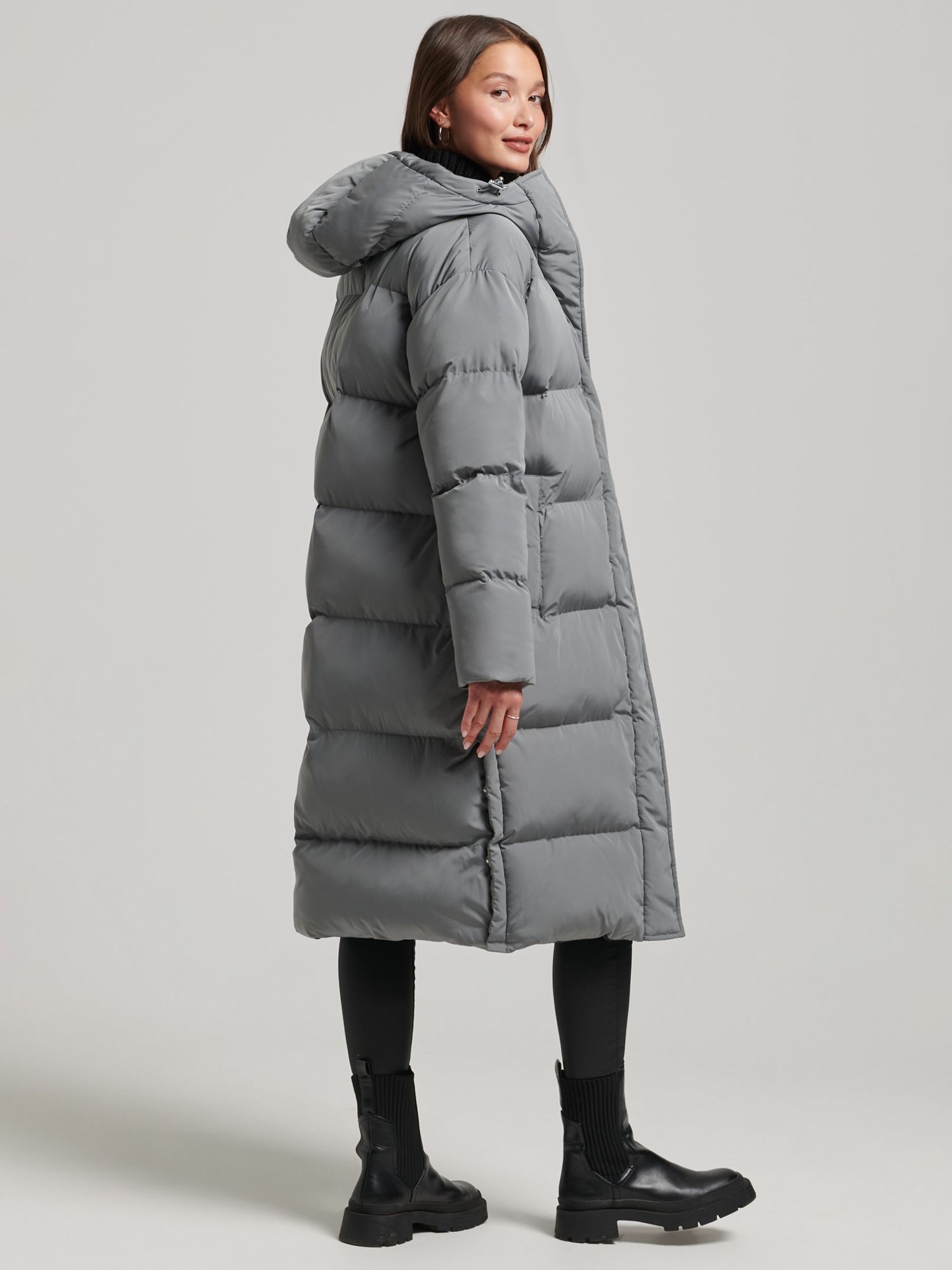 Superdry Hooded Longline Puffer Coat, Grey at John Lewis & Partners