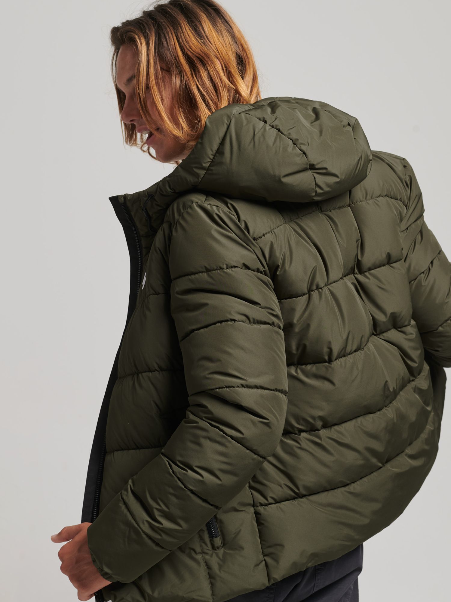 Superdry Sports Hooded Puffer Jacket, Dark Moss at John Lewis & Partners