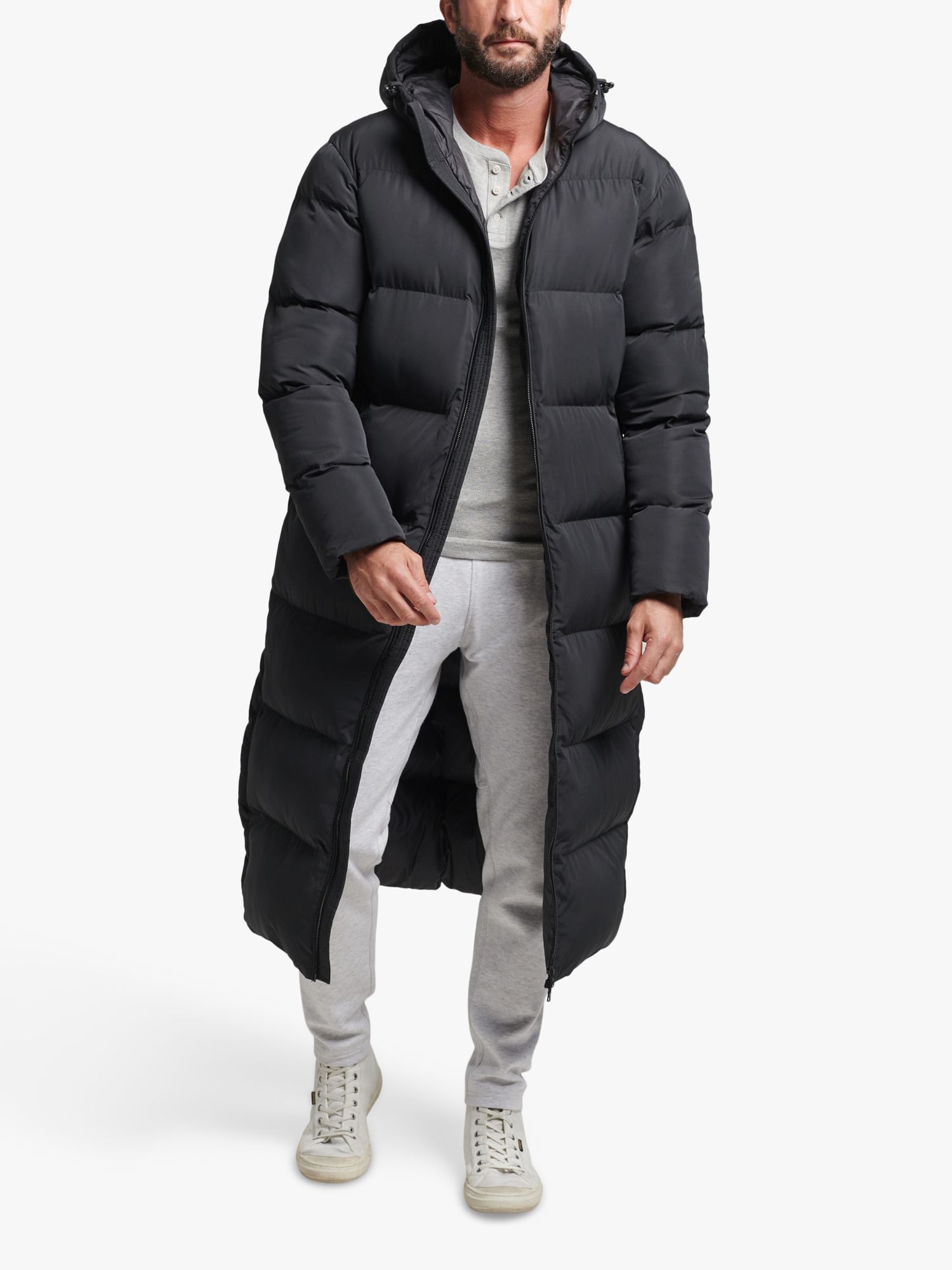 Superdry Extra Long Hooded Puffer Coat, Black at John Lewis & Partners