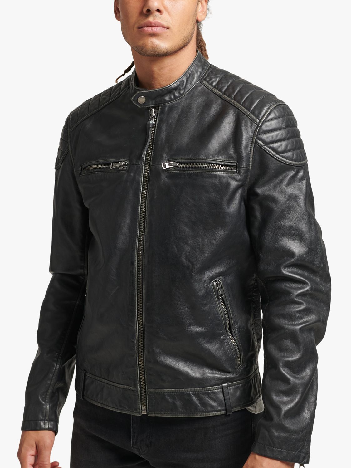 Superdry Leather Moto Racer Jacket, Black at John Lewis & Partners