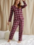 Pretty You London Plaid Brushed Cotton Pyjama Set, Bordeaux