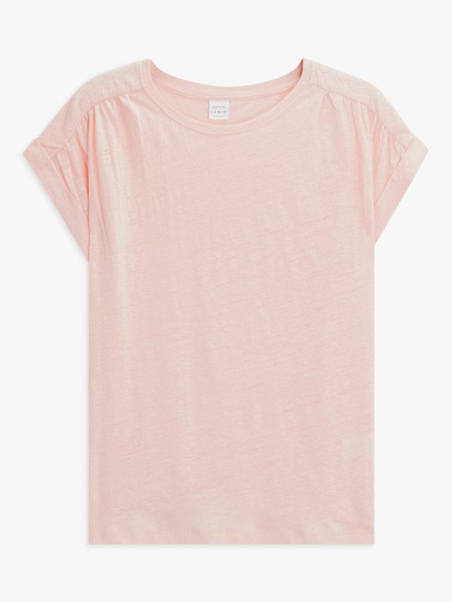 John Lewis Linen Gathered Shoulder T-Shirt, Pink, 8