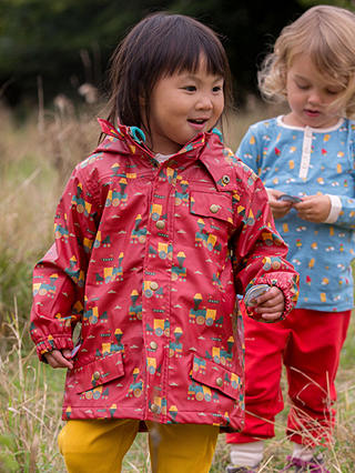 Little Green Radicals Kids' Sky Train Waterproof Recycled Raincoat, Red