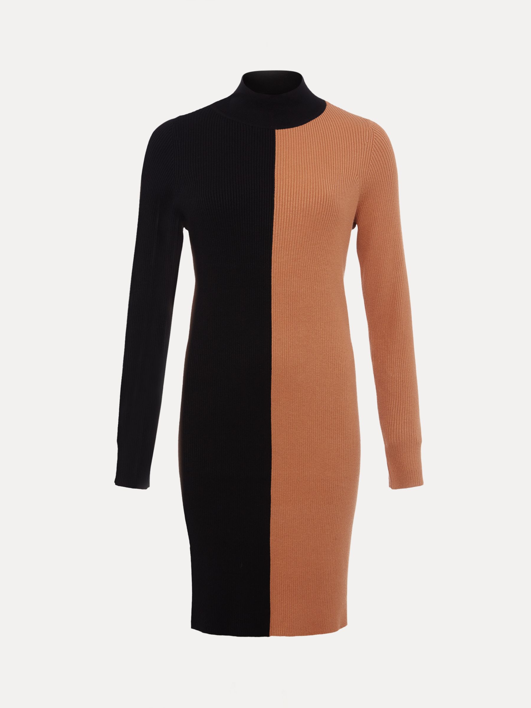 Phase Eight Eris Ribbed Colour Block Jumper Dress, Amber/Black, 8