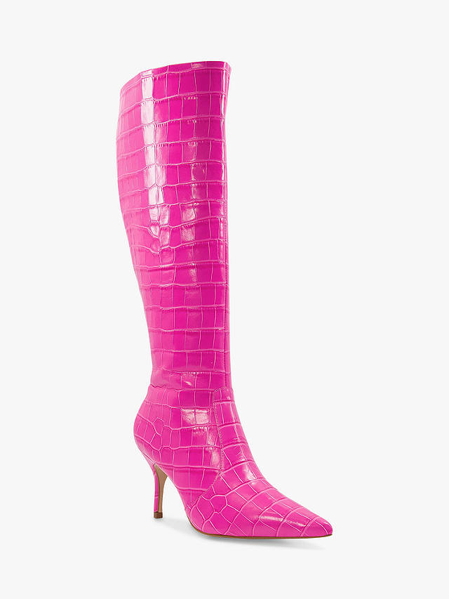 Dune Spritz Leather Croc Effect Knee High Boots, Pink-leather