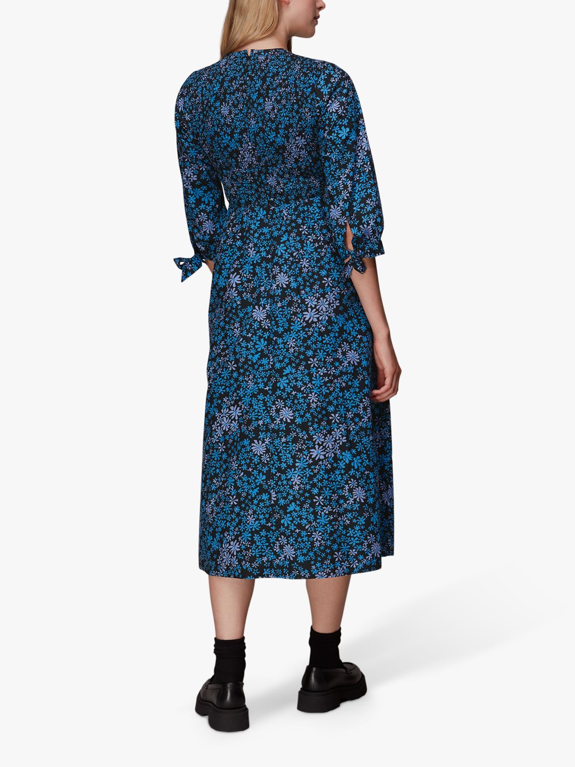 Whistles Boho Floral Print Shirred Midi Dress, Blue/Multi at John Lewis ...
