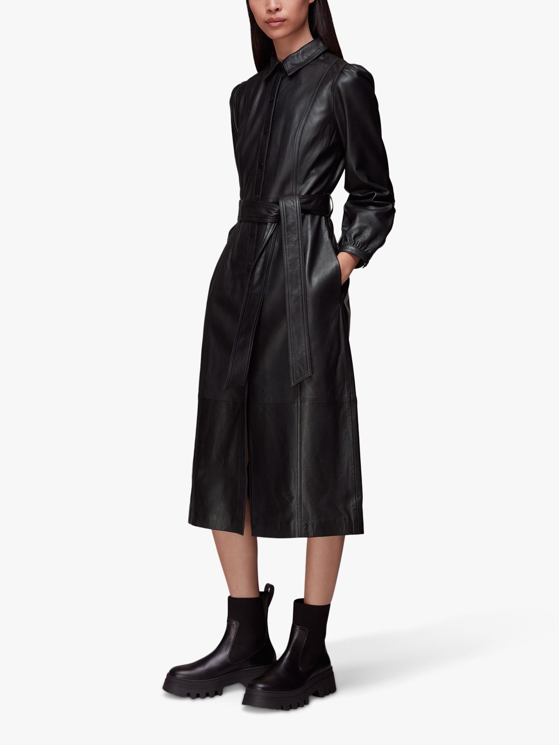 Whistles Phoebe Leather Shirt Midi Dress, Black at John Lewis & Partners
