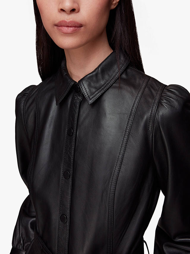 Whistles Phoebe Leather Shirt Midi Dress, Black
