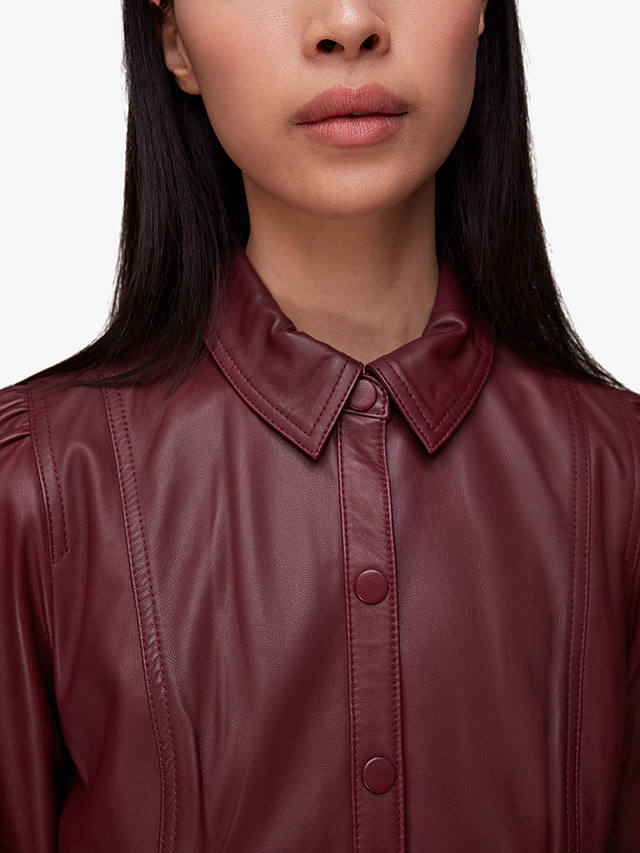 Whistles Phoebe Leather Shirt Midi Dress, Burgundy