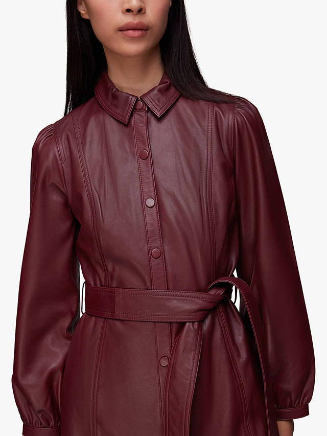 Whistles Phoebe Leather Shirt Midi Dress, Burgundy