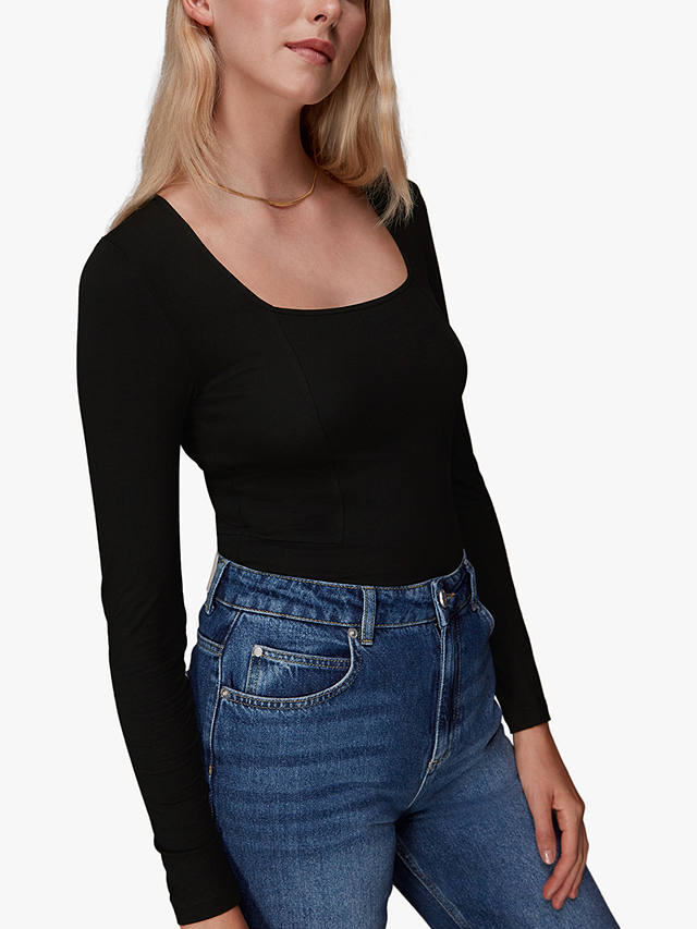 Whistles Square Neck Long Sleeve Top, Black