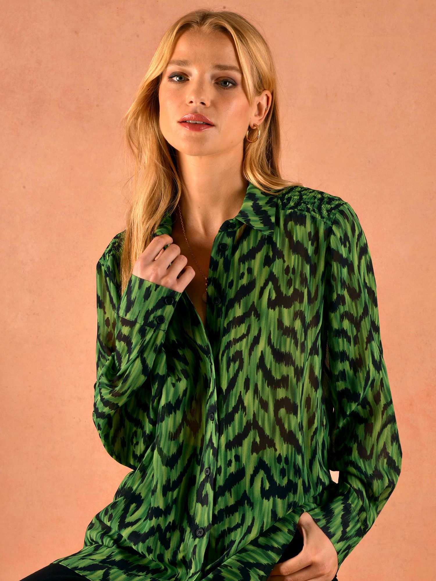 Ro&Zo Animal Shirred Shirt, Green at John Lewis & Partners