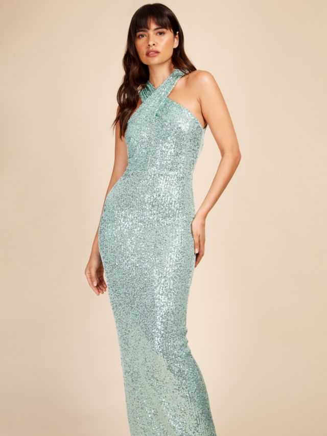 Little Mistress Sequin Cross Neck Maxi Dress, Mint, 8