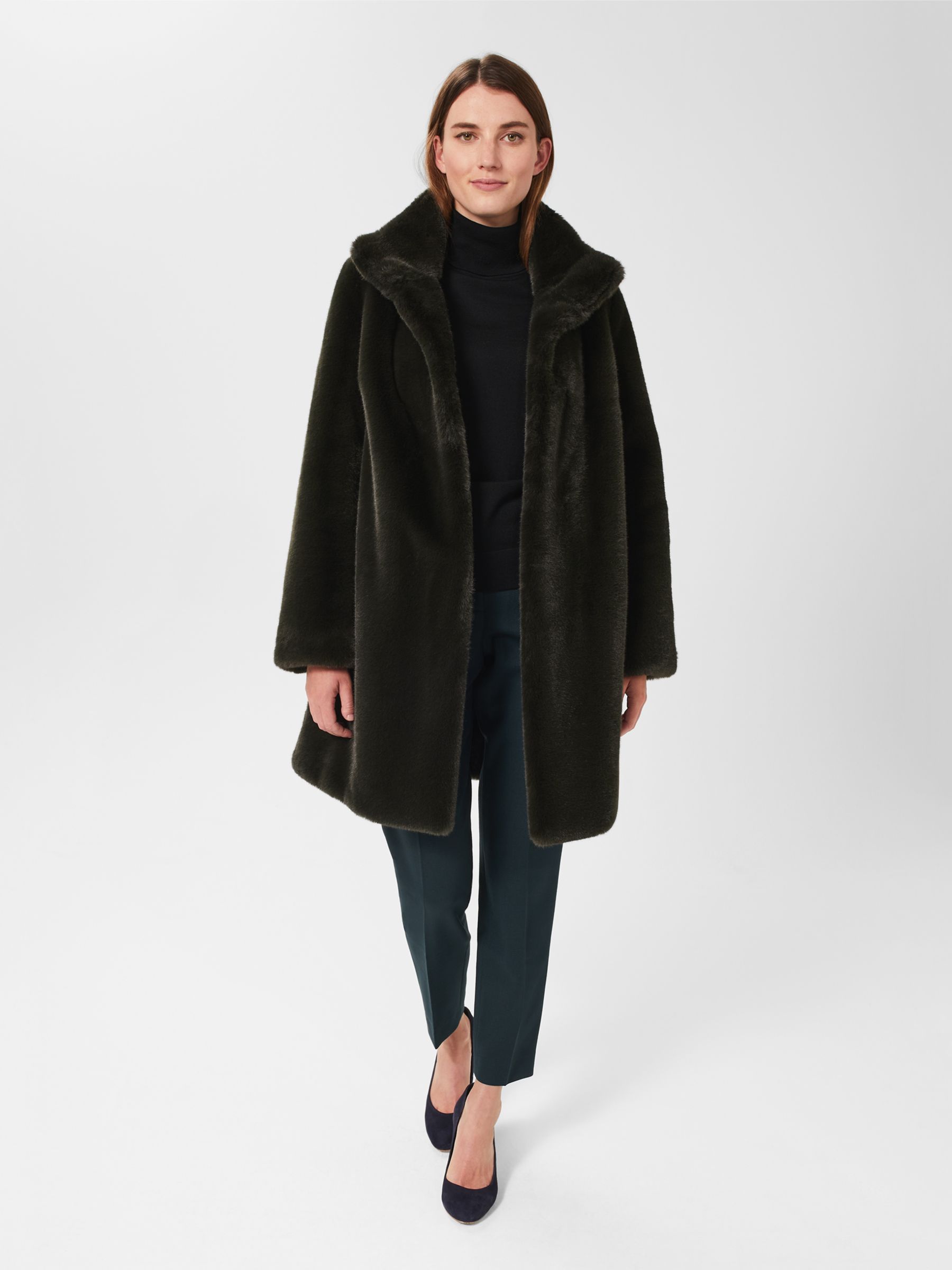 Hobbs Maddox Faux Fur Coat, Olive Green at John Lewis & Partners