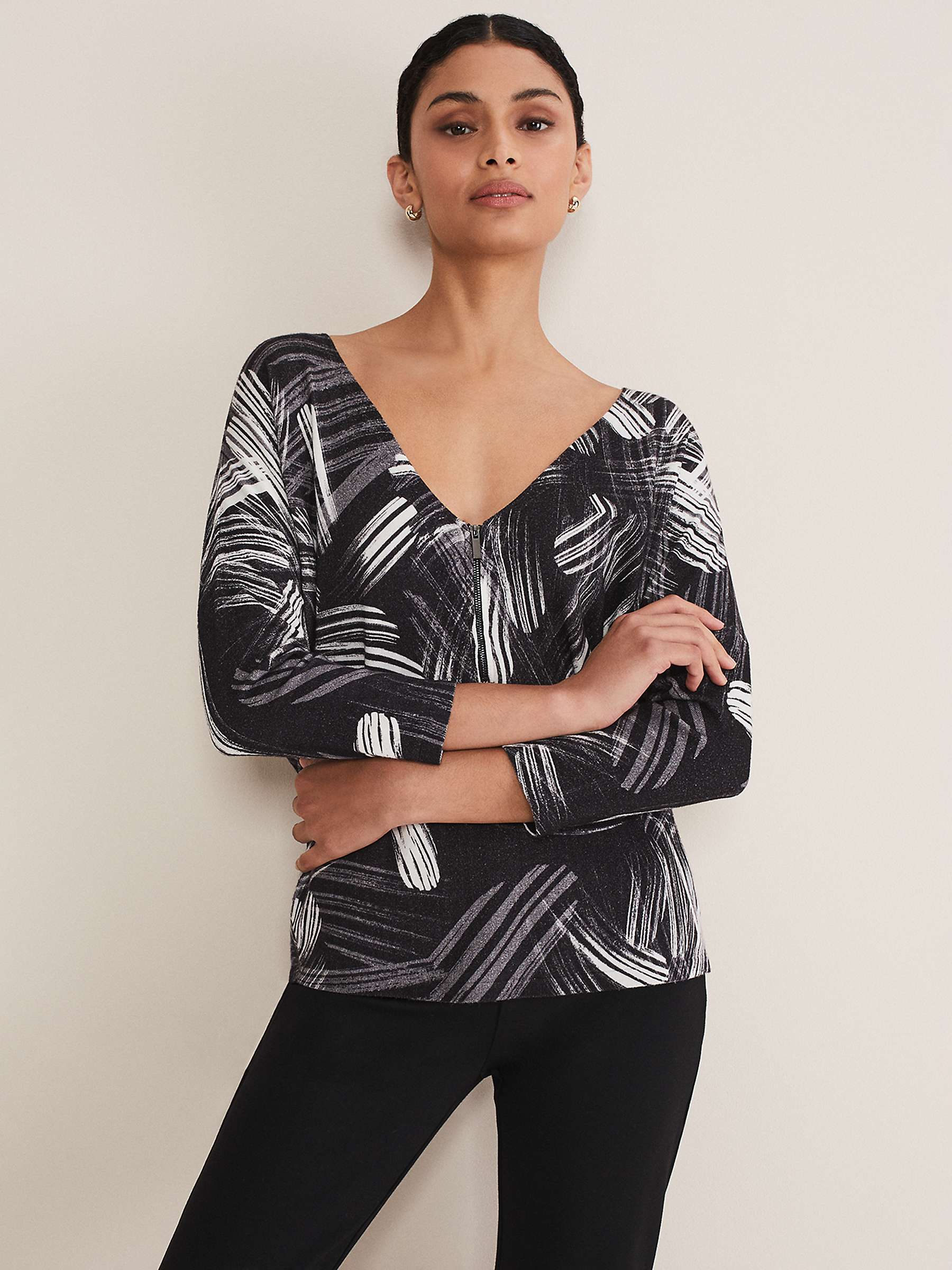 Buy Phase Eight Adara V-Neck Abstract Jersey Top, Black/Multi Online at johnlewis.com