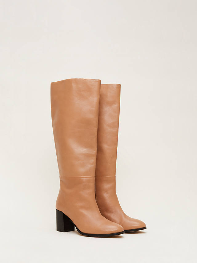Phase Eight Block Heel Leather Knee High Boots, Camel at John Lewis ...