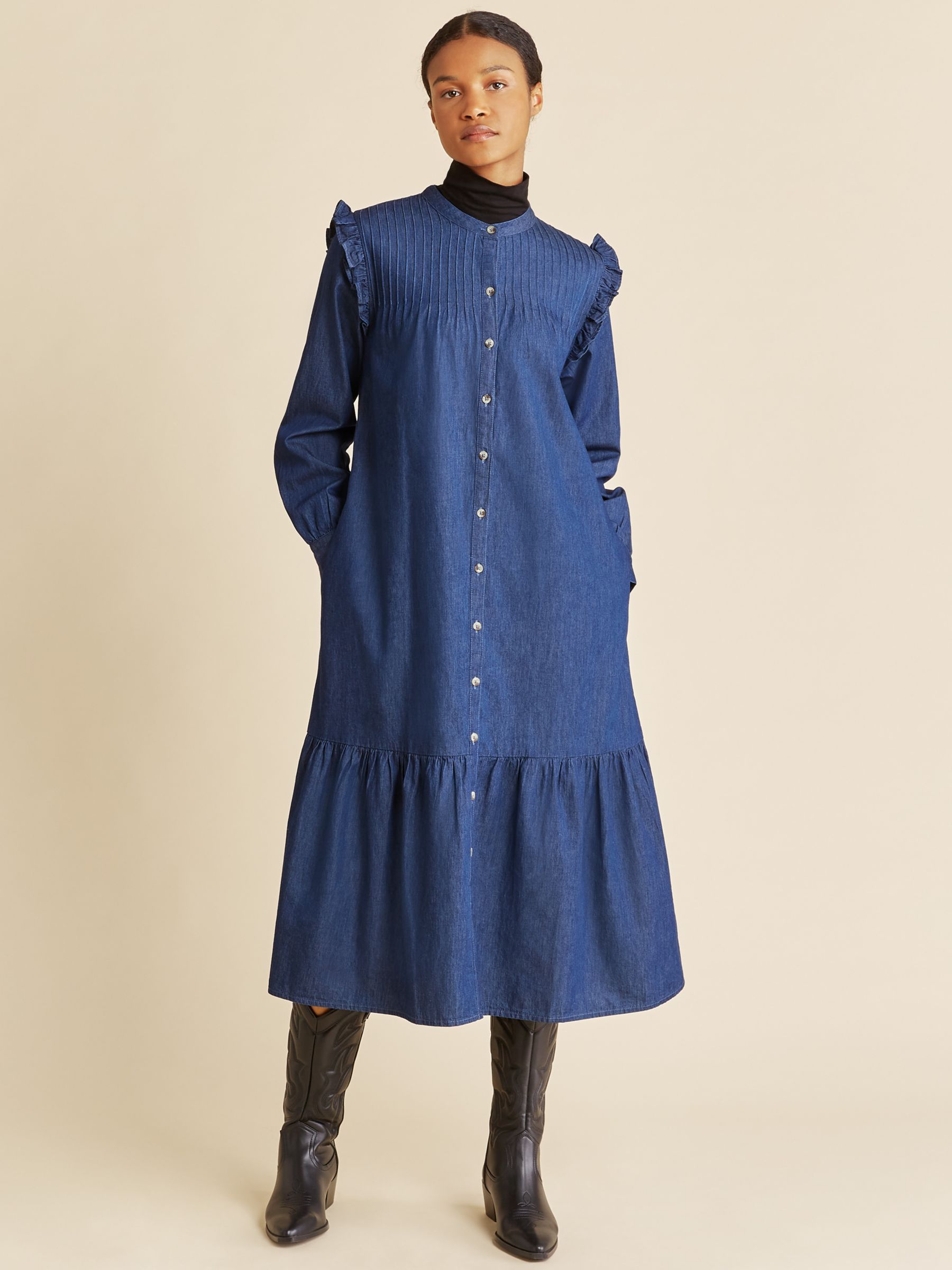 Albaray Denim Ruffle Shoulder Dress, Indigo at John Lewis & Partners