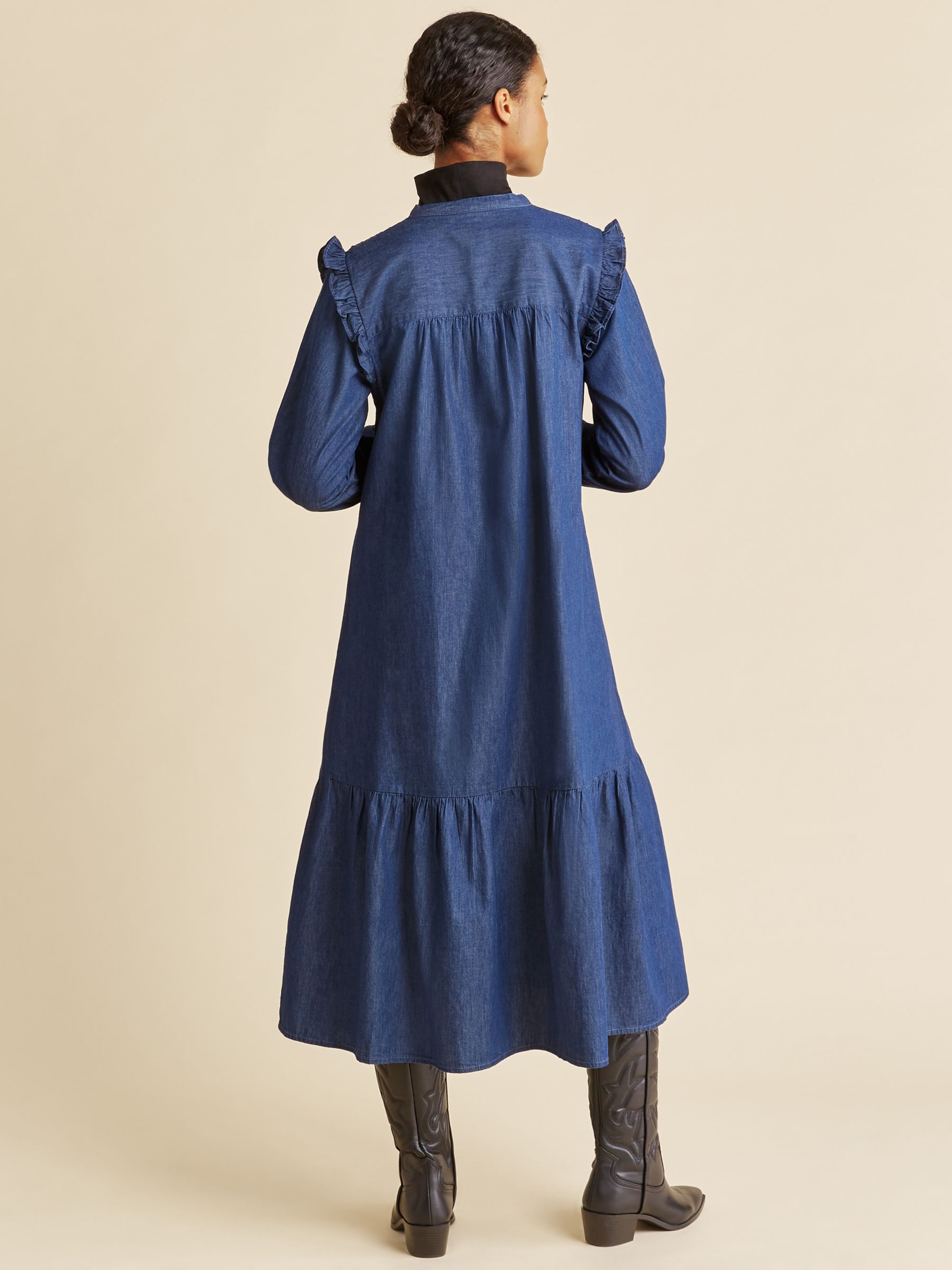 Albaray Denim Ruffle Shoulder Dress, Indigo, 8