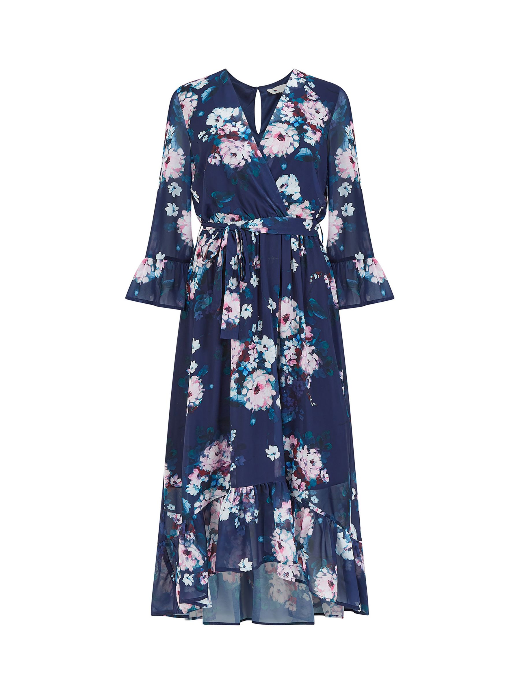 Yumi Watercolour Floral Dip Hem Midi Dress, Navy at John Lewis & Partners