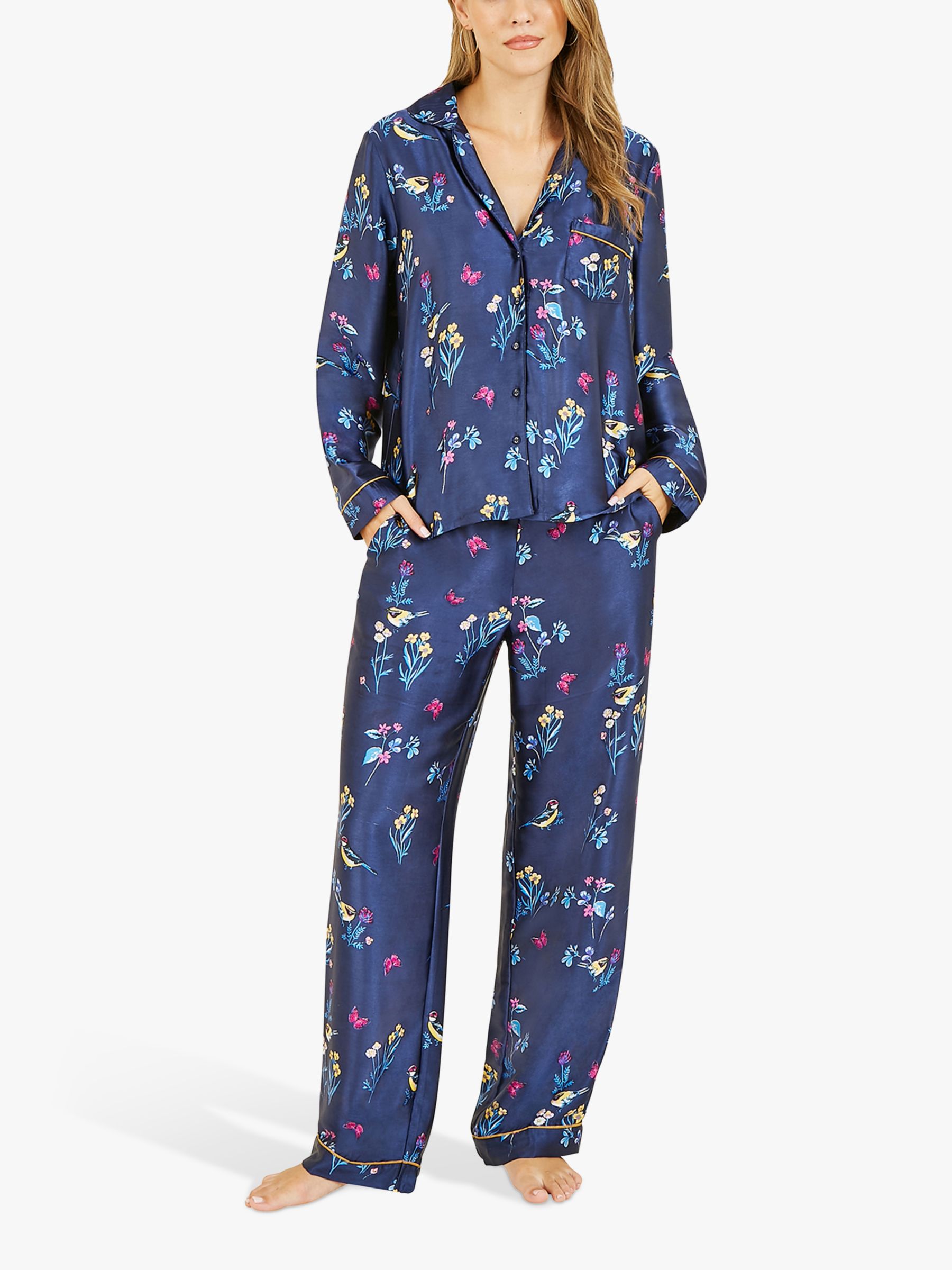 Yumi Bird Print Satin Pyjamas, Navy at John Lewis & Partners