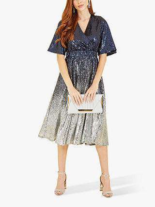 Yumi Sequin Midi Wrap Dress, Navy/Silver