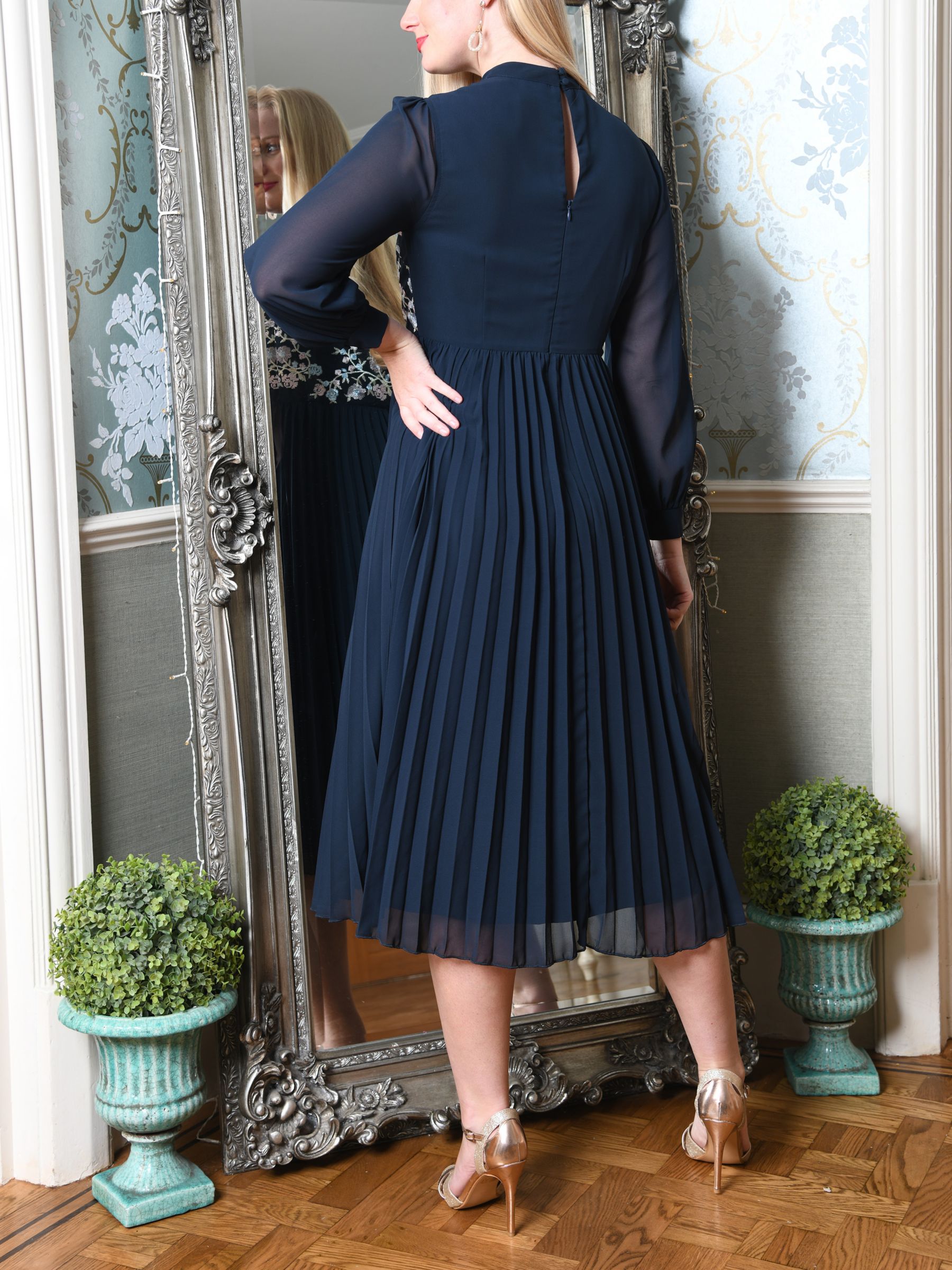 Yumi Embroidered Pleated Midi Dress, Navy at Lewis & Partners