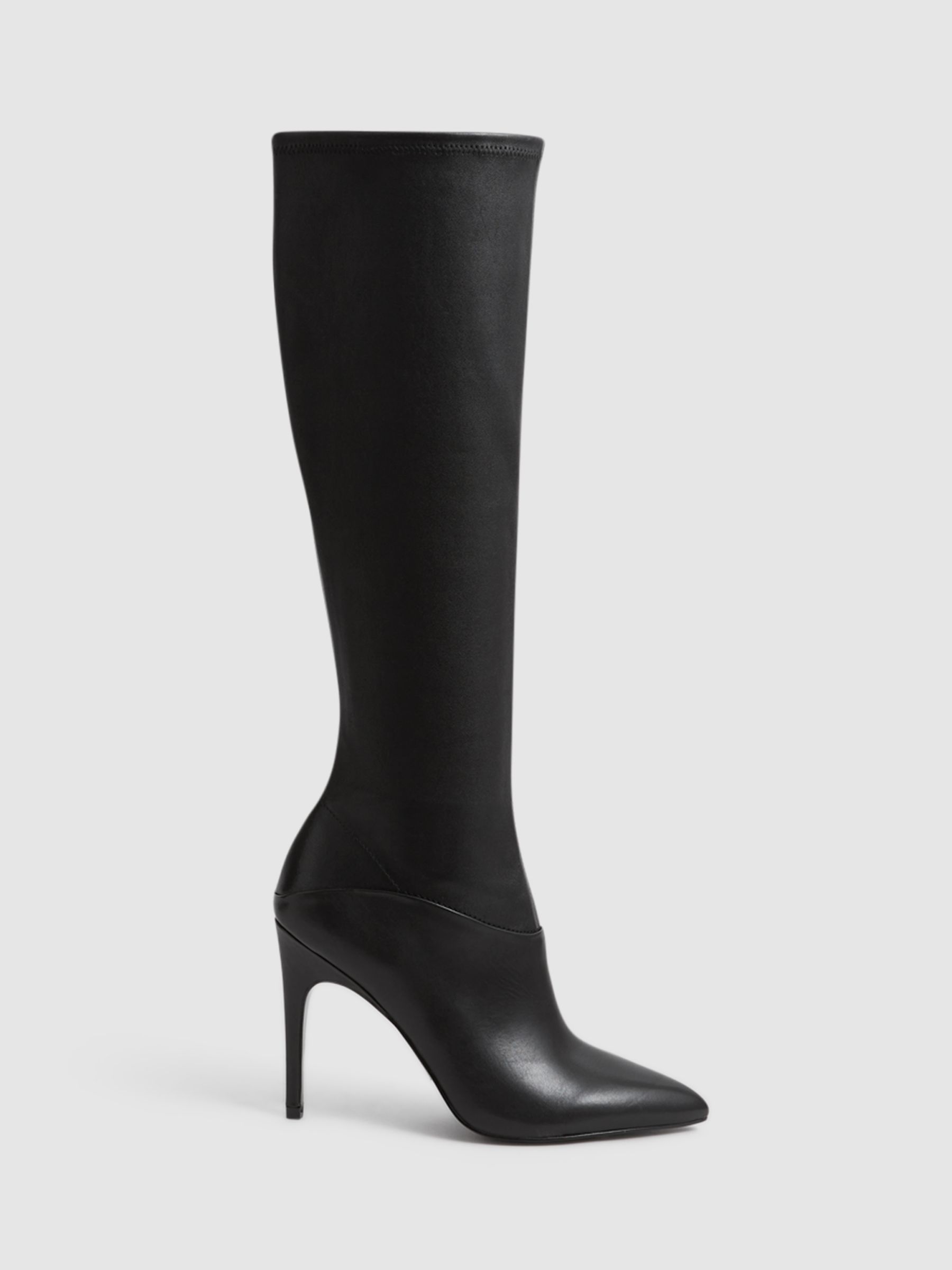 Reiss Carina Leather Stretch Knee High Boots, Black at John Lewis ...