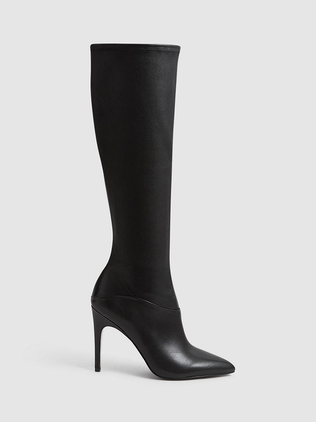 Reiss Carina Leather Stretch Knee High Boots, Black, 3