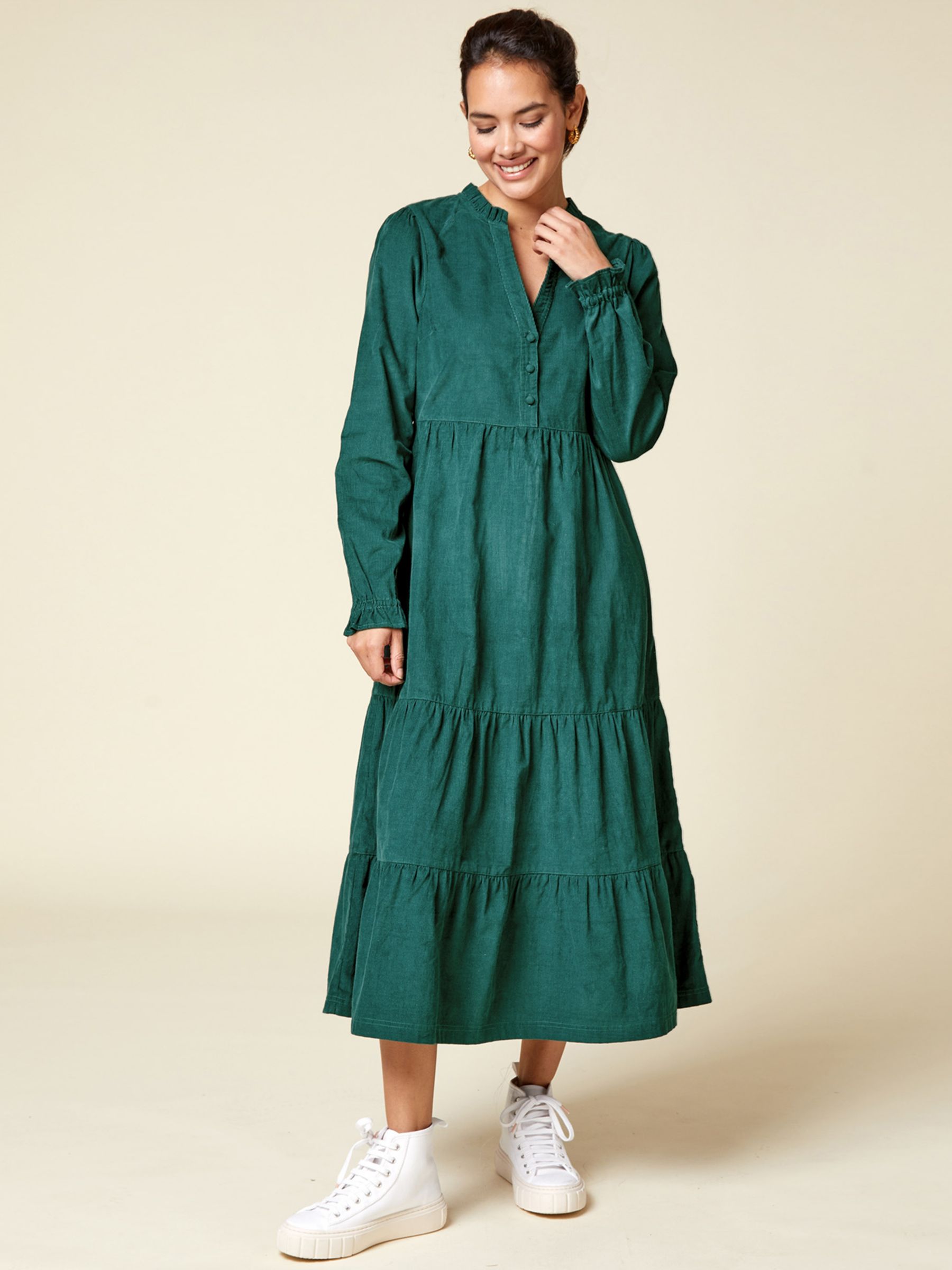Aspiga Liv Tiered Corduroy Midi Dress, Green at John Lewis & Partners